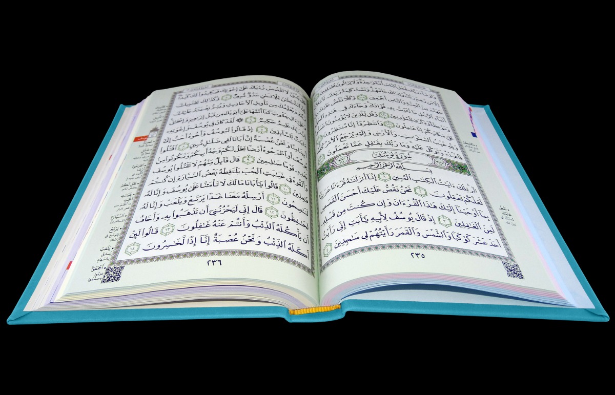 مختصر تفسير كلمات القرآن الكريم مقسم بالالوان غلاف جلد فيروزي فاتح